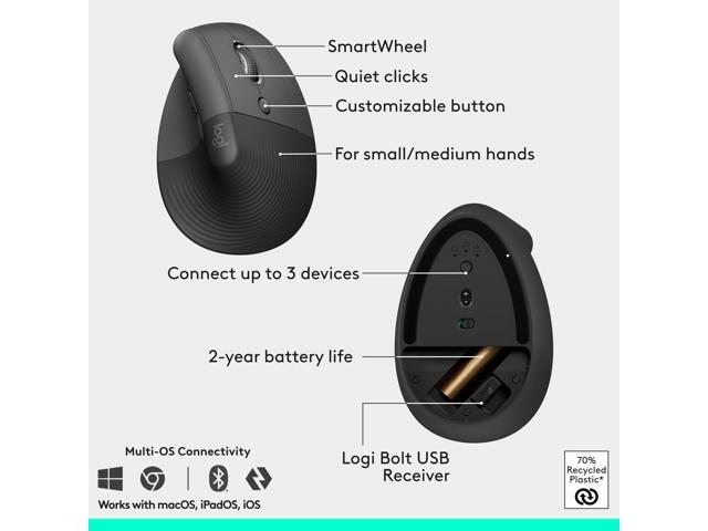 Logitech - Wave Keys and Lift Vertical Mouse Wireless Ergonomic Keyboard and Mouse Bundle with Cushioned Palm Rest - Graphite - image 7