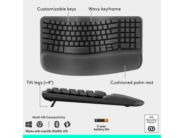 Logitech - Wave Keys and Lift Vertical Mouse Wireless Ergonomic Keyboard and Mouse Bundle with Cushioned Palm Rest - Graphite - image 6