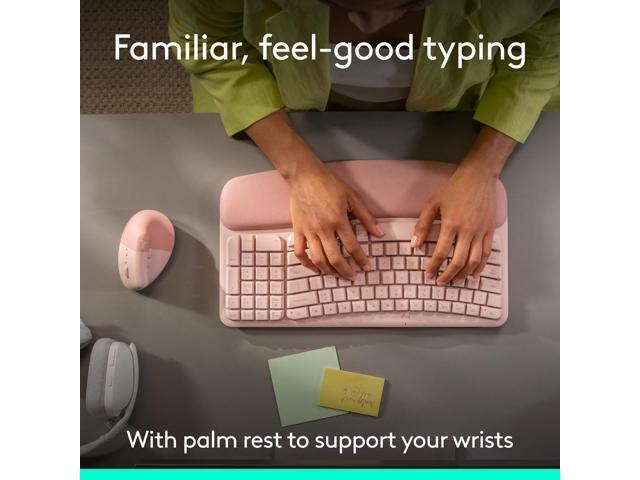 Logitech Wave Keys & Lift Vertical Mouse Ergonomic Wireless Keyboard and Mouse Combo with Cushioned Palm Rest Rose 920013612