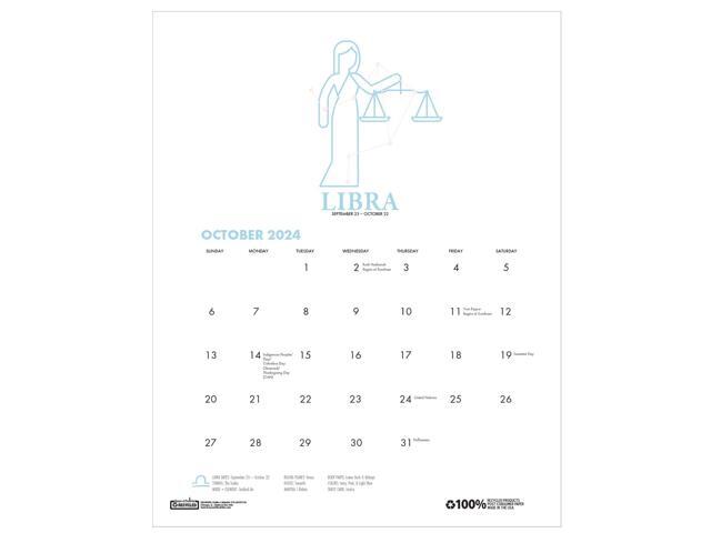 Recycled Academic Zodiac Wall Calendar 14 x 11 Multicolor Sheets12-Month 2025-26