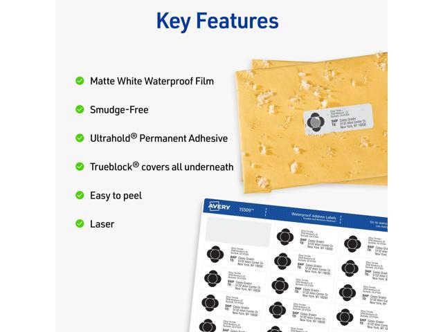 Waterproof Film Address Labels with Sure Feed Technology. Laser 1 x 2.63 White 30/Sheet 10 Sheets/Pack 15509