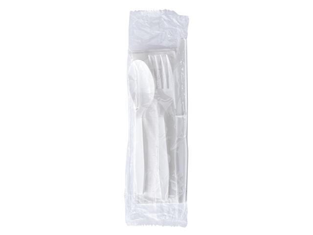 Four-Piece Polystyrene Cutlery Kit Mediumweight Fork/Knife/Napkin/Spoon Plastic White 250/Carton BWK4KITWHPS