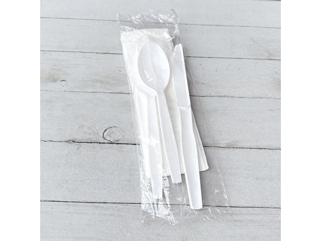 Four-Piece Polystyrene Cutlery Kit Mediumweight Fork/Knife/Napkin/Spoon Plastic White 250/Carton BWK4KITWHPS