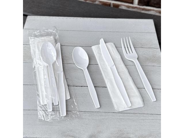 Four-Piece Polystyrene Cutlery Kit Mediumweight Fork/Knife/Napkin/Spoon Plastic White 250/Carton BWK4KITWHPS