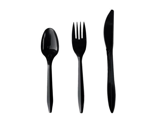 Four-Piece Cutlery Kit Mediumweight Fork/Knife/Napkin/Spoon Plastic 6.38' Black 250/Carton BWK4KITBLPP