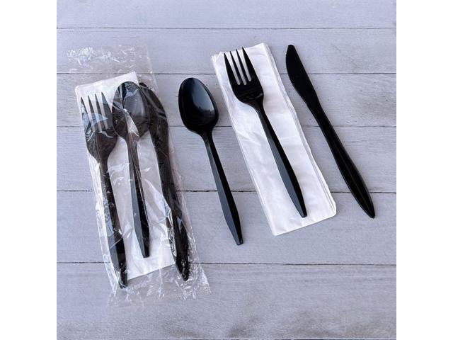 Four-Piece Cutlery Kit Mediumweight Fork/Knife/Napkin/Spoon Plastic 6.38' Black 250/Carton BWK4KITBLPP