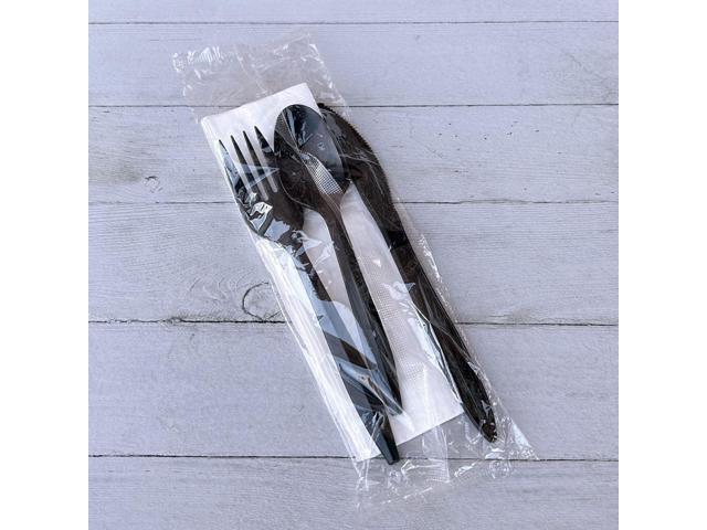 Four-Piece Cutlery Kit Mediumweight Fork/Knife/Napkin/Spoon Plastic 6.38' Black 250/Carton BWK4KITBLPP