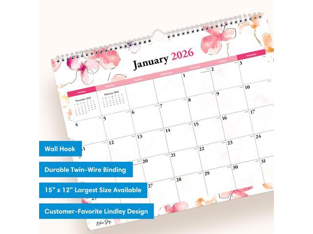 Lindley Monthly Wall Calendar Floral Artwork 15 x 12 White/Pink/Red Sheets 12-Month Jan to Dec: 2026 117888