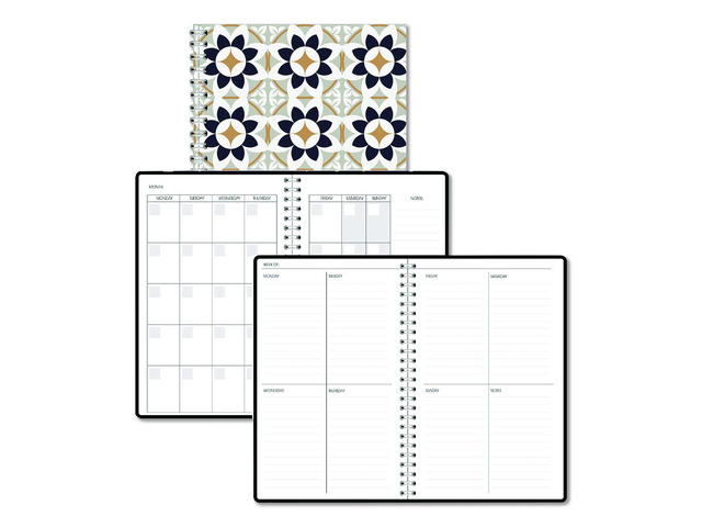 Recycled Non-Dated Monthly/Weekly Planner Flower Tiles Tan/Black/White Cover Undated 212145
