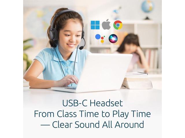 Kensington Classic EQ USB-C Headset with Mic and Volume Control, 6 ft (1.8m) Nylon Braided Cord, for School, Kids, Adults, Padded Adjustable Headband,