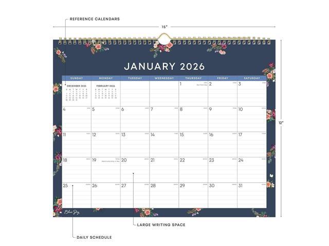 Ashlyn Monthly Wall Calendar Floral Artwork 15 x 12 White/Blue/Pink Sheets 12-Month Jan to Dec: 2026 148617