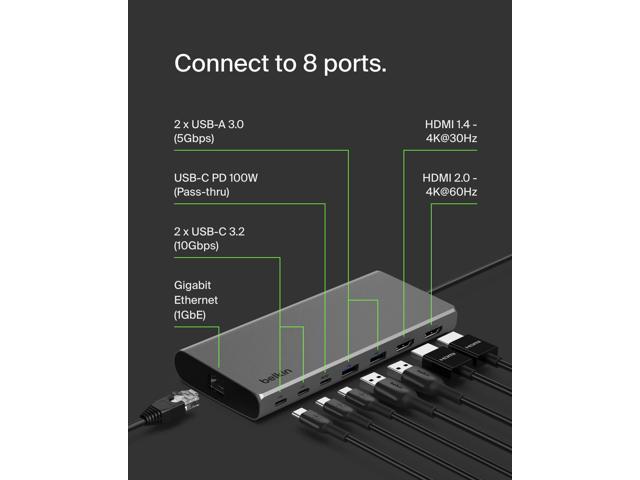 Belkin - Connect Universal USB-C 8-in-1 Dual Display Core Hub Compatible with 100W PD with 10Gbps Transfer Speeds & 1GbE Ethernet - Gray - image 5
