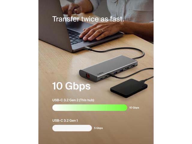 Belkin - Connect Universal USB-C 8-in-1 Dual Display Core Hub Compatible with 100W PD with 10Gbps Transfer Speeds & 1GbE Ethernet - Gray - image 7