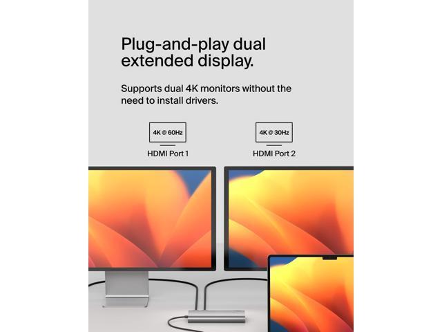 Belkin - Connect Universal USB-C 8-in-1 Dual Display Core Hub Compatible with 100W PD with 10Gbps Transfer Speeds & 1GbE Ethernet - Gray - image 8