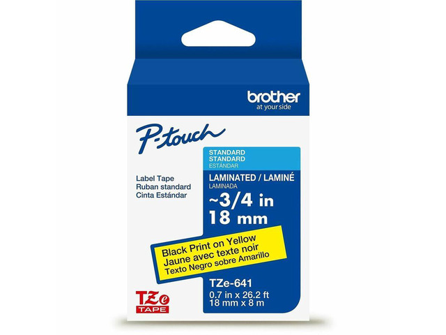 Brother Genuine P-touch TZeS641 BK on YL Label Tape Strong Adhesive Lam. 18mmX8m