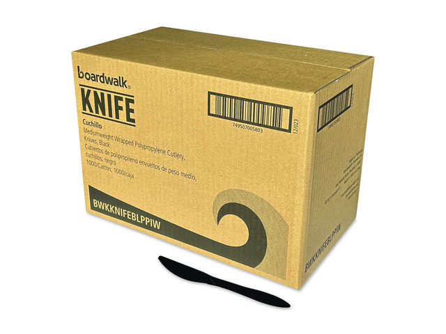 Mediumweight Wrapped Polypropylene Cutlery Knife Plastic Black 1000/Carton BWKKNIFEBLPPIW