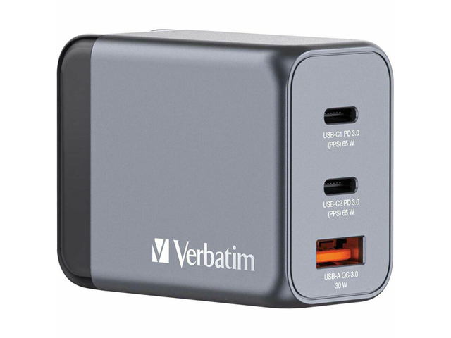 Verbatim 32201 65w Gan Wall Charger Usb-c Pd Ports Usb-a Qc 3.0