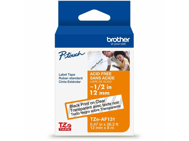 Brother Genuine P-touch TZeAF131 BK on CLR Label Tape Acid-Free Laminated 12mmX8m