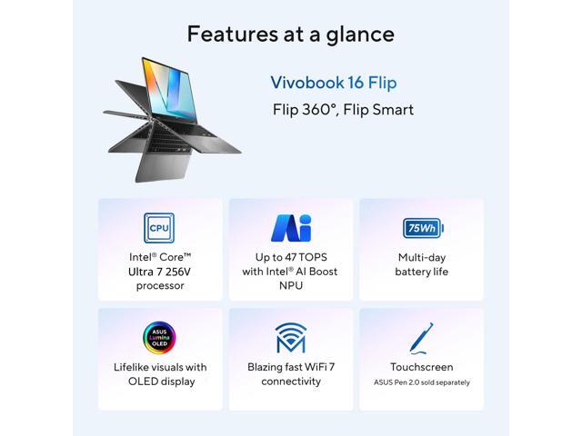 ASUS - Vivobook 16 Flip 16" 2K OLED Laptop - Intel Core Ultra 7 - 16GB RAM - 512GB SSD - Copilot+ PC - Matte Gray - image 4