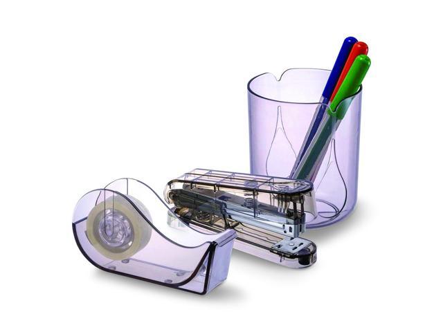Recycled Plastic Three-Piece Desk Set: 1 Pencil Cup 1 Stapler 1 Tape Dispenser 1 Roll of Tape Translucent Ash 97712
