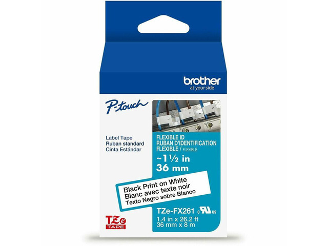 Brother Genuine P-touch TZeFX261 BK on WHT Label Tape Flexible ID Laminated 36mmX8m