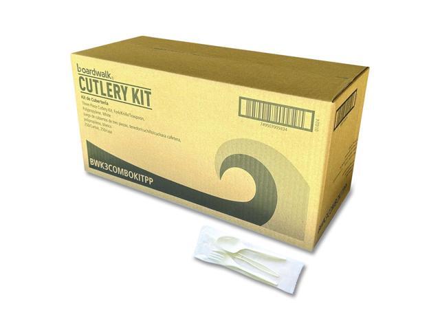 Three-Piece Cutlery Kit Mediumweight Fork/Knife/Spoon 6.97' Plastic White 250/Carton BWK3COMBOKITPP
