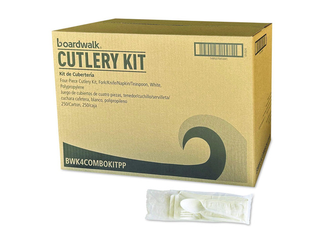 Four-Piece Polypropylene Cutlery Kit Mediumweight Fork/Knife/Napkin/Spoon Plastic White 250/Carton BWK4COMBOKITPP