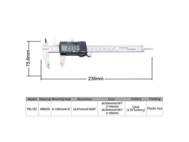 Pro'sKit PD-151 Digital Caliper Stainless Steel 150mm/6' Inch Metric System Imperial Standard Calipers Measuring Tool Micrometer