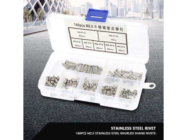 140pcs M2.5 Stainless Steel Rivets Round Head Knurled Shank Solid Rivets Assortment Set Hardware Tools