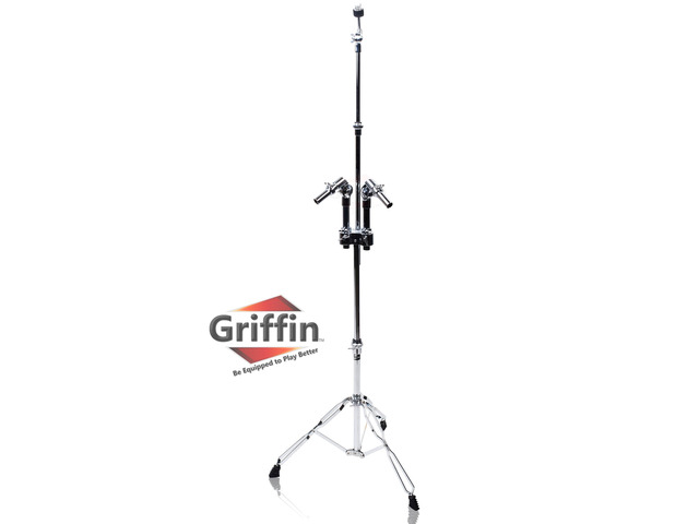Double Tom Drum Stand with Cymbal Arm by GRIFFIN Drummers Percussion Set Hardware with Dual Drum Mounts Medium Duty Tom Holder with Double...