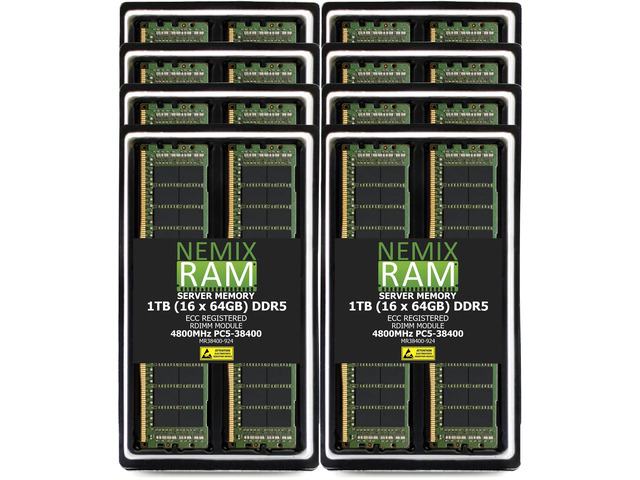 1TB 16X64GB DDR5 4800MHz PC5-38400 2Rx4 1.1V CL40 288-PIN ECC Registered RDIMM NEMIX RAM Server Memory KIT Compatible with Supermicro H13SSH-E...