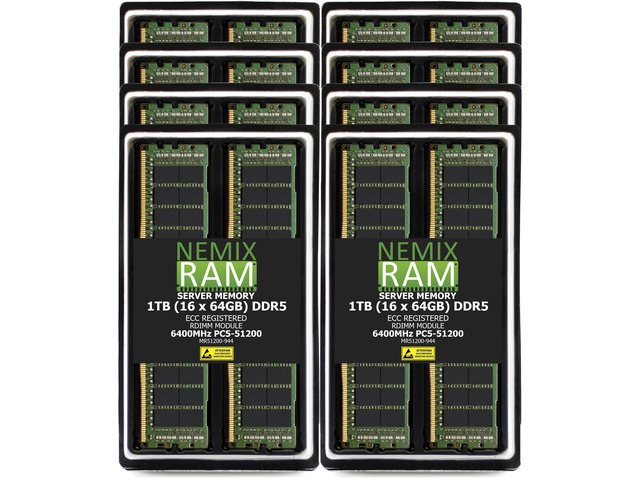 1TB 16X64GB DDR5 6400MHz PC5-51200 4Rx4 1.1V CL52 288-PIN ECC Registered RDIMM NEMIX RAM Server Memory KIT Compatible with Supermicro X14QBH+...