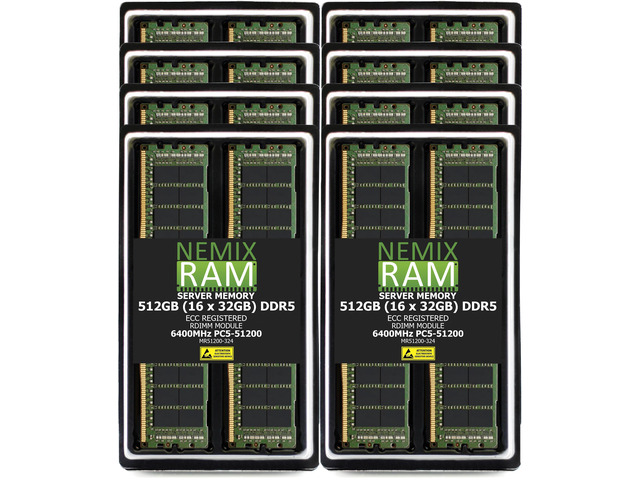 512GB 16X32GB DDR5 6400MHz PC5-51200 2Rx4 1.1V CL52 288-PIN ECC Registered RDIMM NEMIX RAM Server Memory KIT Compatible with Supermicro X14QBH+...