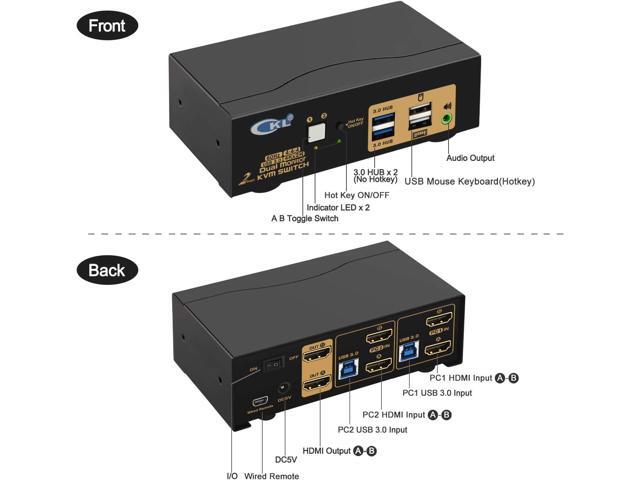 CKL USB 3.0 HDMI KVM Switch Dual Monitor 2 Port Extended Display 4K 60Hz with Cables and Audio 922HUA-3