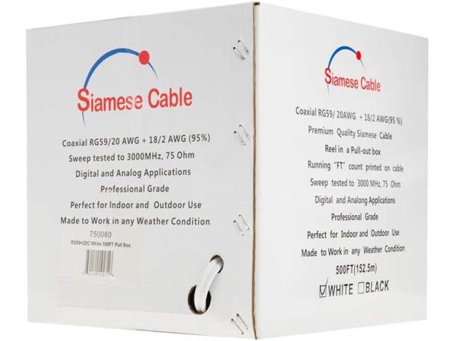 500FT White Bulk Siamese RG59/U Cable, 20AWG + 18/2AWG, 95% Shielding, CCTV Video Wire (White, 500)