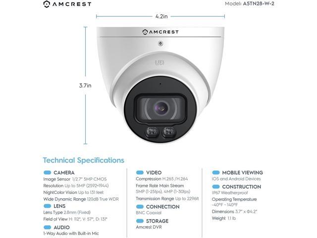 Amcrest Analog 5MP NightColor Outdoor Security Camera, Turret 5MP @ 25fps, CCTV-Coax-BNC, 131ft Full Color Night Vision, Mic, 112° FOV (Not an IP...