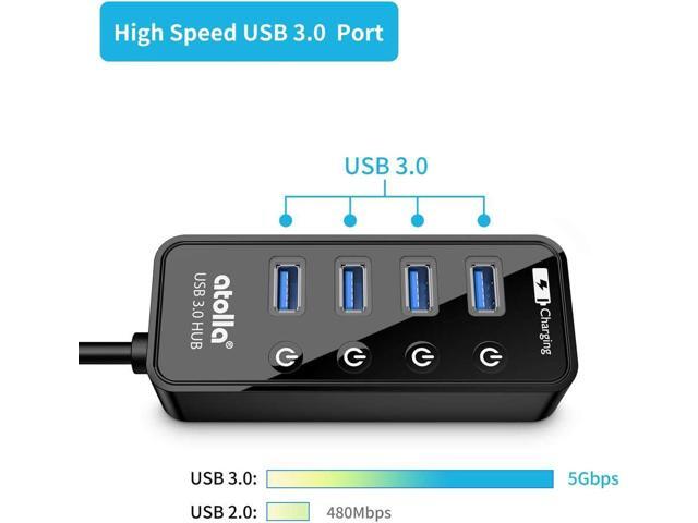 USB 3.0 Hub, atolla 4 Ports Super Speed USB 3 Hub Splitter with On Off Switch with 1 USB Charging Port (Cable Length 2 Feet, No AC Adapter) (4-Port...