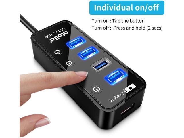 USB 3.0 Hub, atolla 4 Ports Super Speed USB 3 Hub Splitter with On Off Switch with 1 USB Charging Port (Cable Length 2 Feet, No AC Adapter) (4-Port...