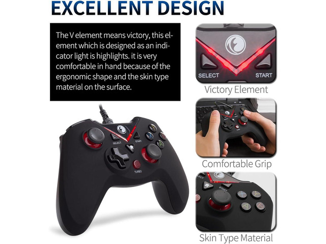 V-one Wired USB Gaming Controller Gamepad Joystick for PC (Windows XP/7/8/10/11) & Steam & Android & PS3 - Red