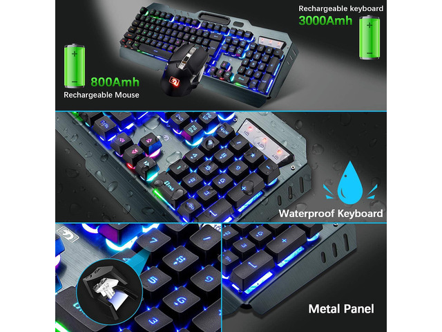 Wireless Gaming Keyboard and Mouse, Rechargeable, Rainbow Backlit with 3800mAh Battery Metal Panel,Mechanical Feel Keyboard and 7 Color Mute Mouse...