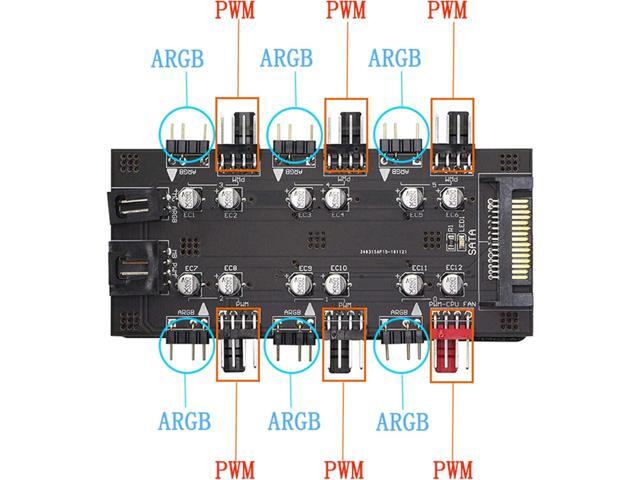 12V 4Pin PWM & 5V 3Pin ARGB with SATA 15Pin Power 2-in-1 Hub 6 Way Sync CPU Cooling Fan Addressable RGB Lighting PCB Splitter for Extended...