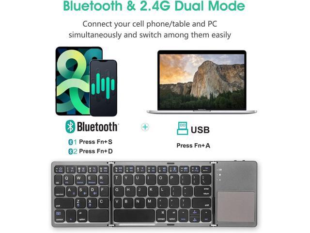 Multi-Device Foldable Bluetooth Keyboard with Touchpad Rechargeable Dual-Mode(2.4G+BTx2) Wireless Keyboard with Holder, Portable Ultra Slim Folding...