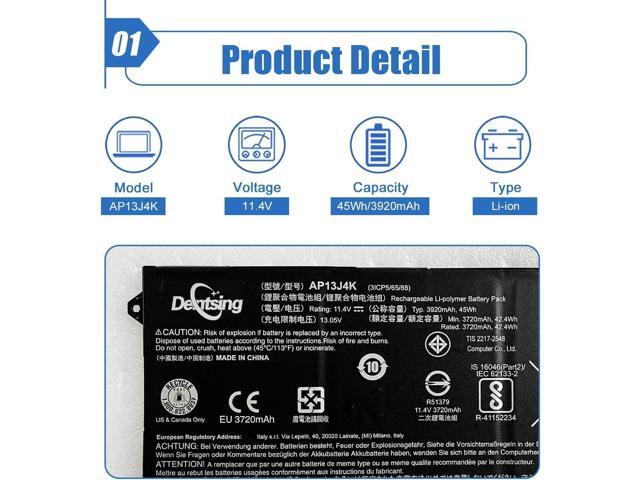 Dentsing 45Wh AP13J4K Laptop Battery (4cm Long Cord) Compatible with Acer Chromebook 11.6' 11 C740 C720 C720P CB3-532 Series Notebook AP13J3K...