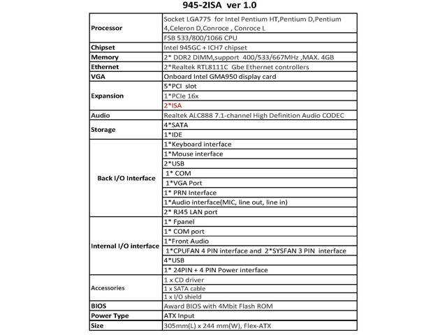 ATX PCI ISA Motherboard,945G with 2 ISA Slots 5 PCI Slots,LGA775 CPU,2 DDR2 Slots,1 PCIE,2 Ethernet RJ45 Ports for Computer Server 945GV Mainboards...