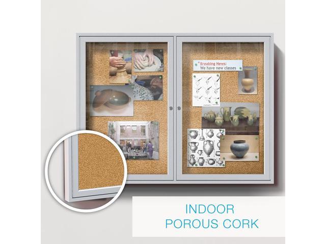 Ghent PA24860K 2 Door Enclosed Natural Cork Bulletin Board with Satin Frame - 60' x 48' - Tan Surface, Satin Aluminum Frame