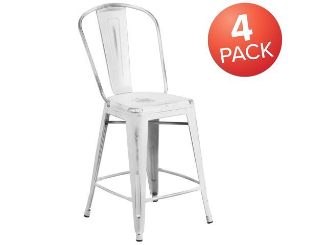 Flash Furniture Commercial 24' High Distressed Orange Metal Indoor-Outdoor Counter Height Stool with Back 4 Pack (4ET353424OR)
