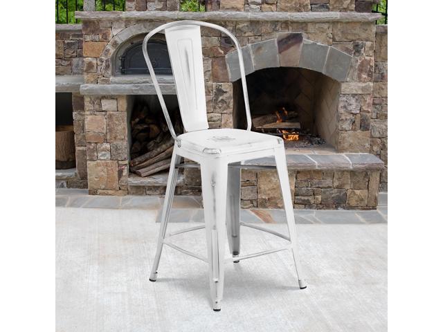 Flash Furniture Commercial 24' High Distressed Orange Metal Indoor-Outdoor Counter Height Stool with Back 4 Pack (4ET353424OR)