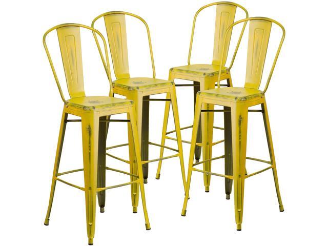 Flash Furniture Commercial Grade 30' High Distressed Yellow Metal Indoor-Outdoor Barstool with Back 4 Pack (4ET353430YL)