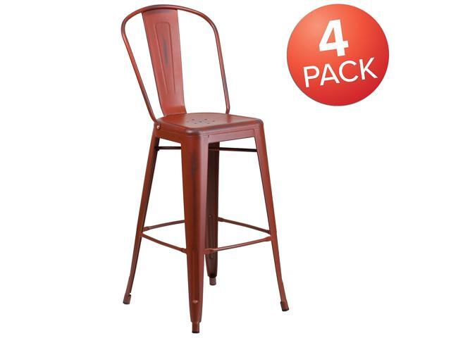 Flash Furniture Commercial Grade 30' High Distressed Kelly Red Metal Indoor-Outdoor Barstool with Back 4 Pack (4ET353430RD)