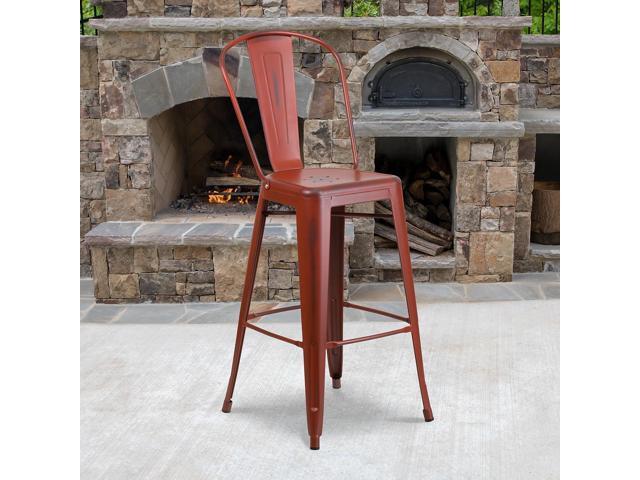 Flash Furniture Commercial Grade 30' High Distressed Kelly Red Metal Indoor-Outdoor Barstool with Back 4 Pack (4ET353430RD)